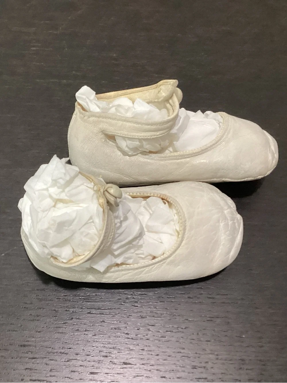 Antique white fine thin leather appropriate for baby shoes.  Likely from the lat